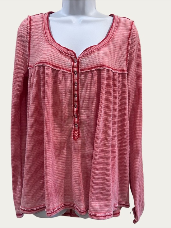 We The Free Tops - We The Free Kai Henley Waffle Knit Washed Out Red Long Sleeve Snap-Front Top Med